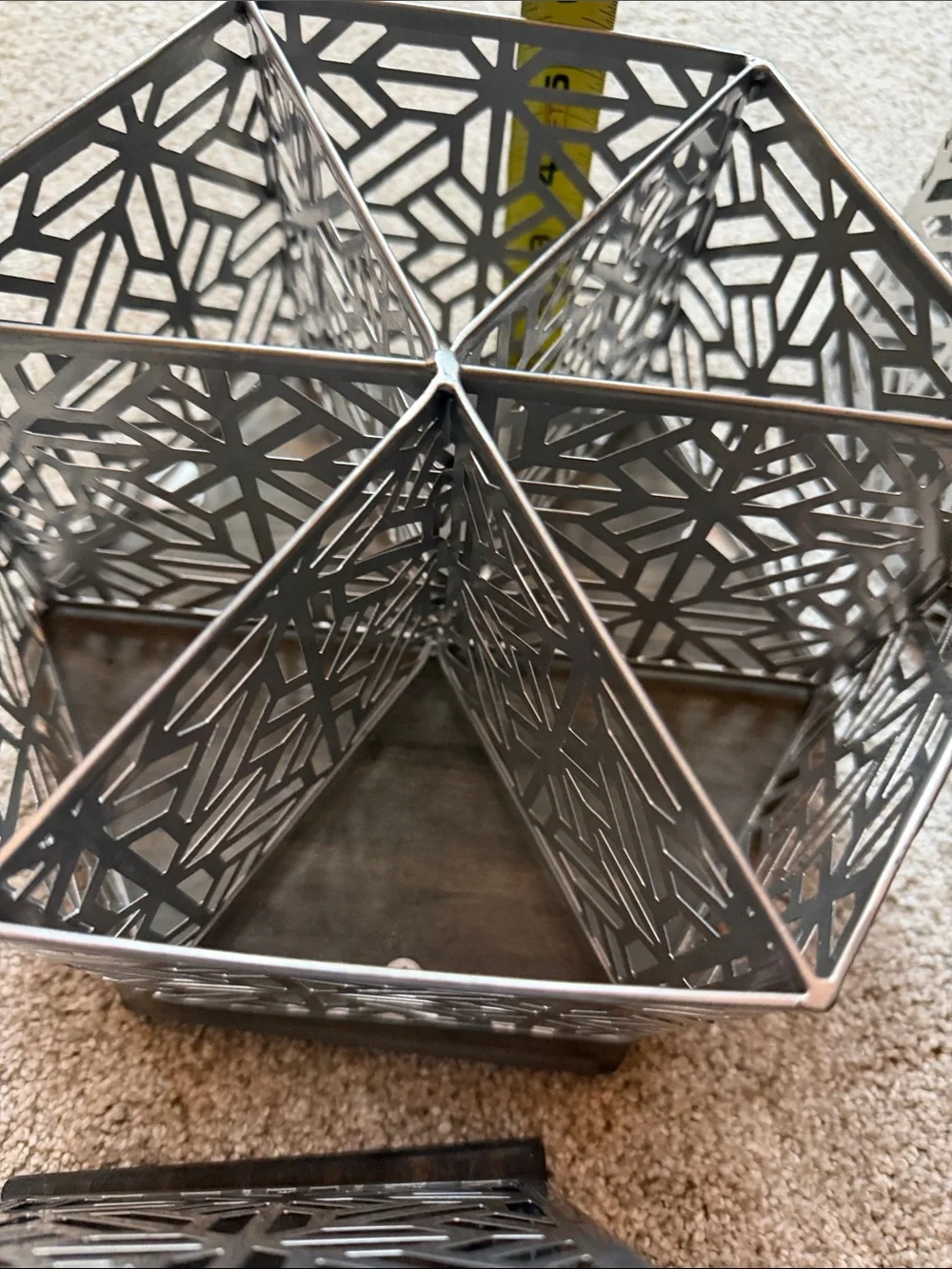 Decorative Hexagonal Metal Organizer Set in Silver. Set of 4. Wood bottoms.